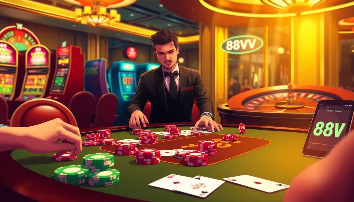 Immerse in the thrilling environment of 88vv with vibrant casino tables and engaged players.