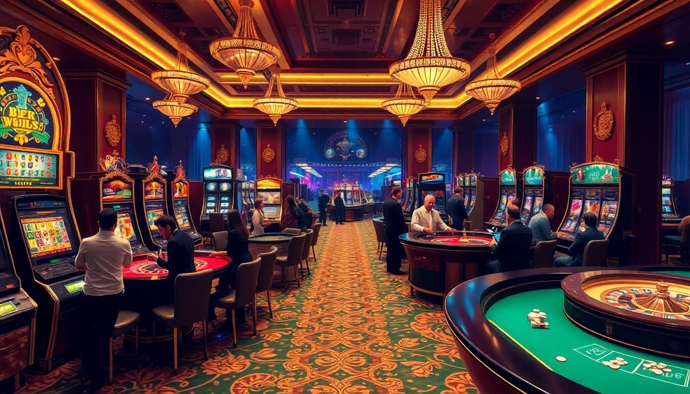 Gambling scene with players enjoying idnslot games at luxurious casino tables filled with excitement.