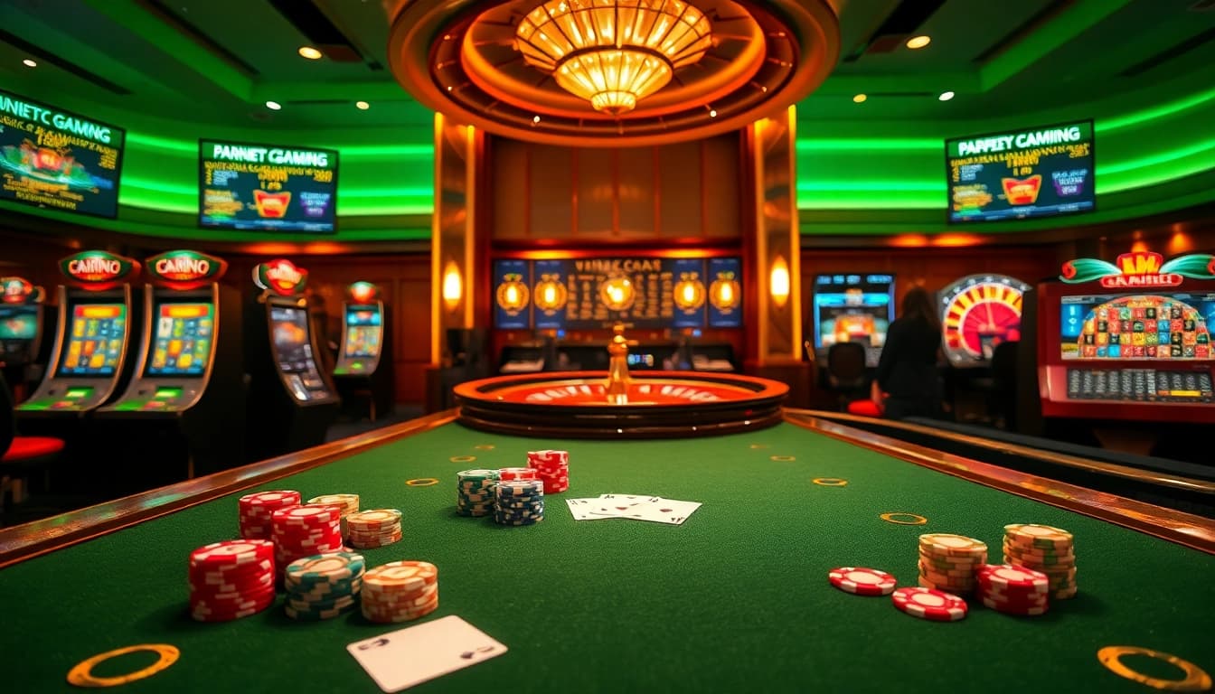 Gambling scene featuring a vibrant table with colorful chips and cards at https://mk8th.net/, showcasing luxury and excitement.