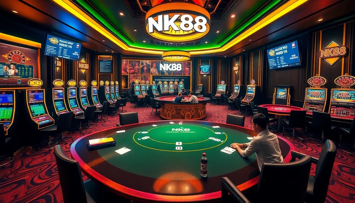 Players enjoying the excitement of NK88 gaming with vibrant casino elements and professional atmosphere.