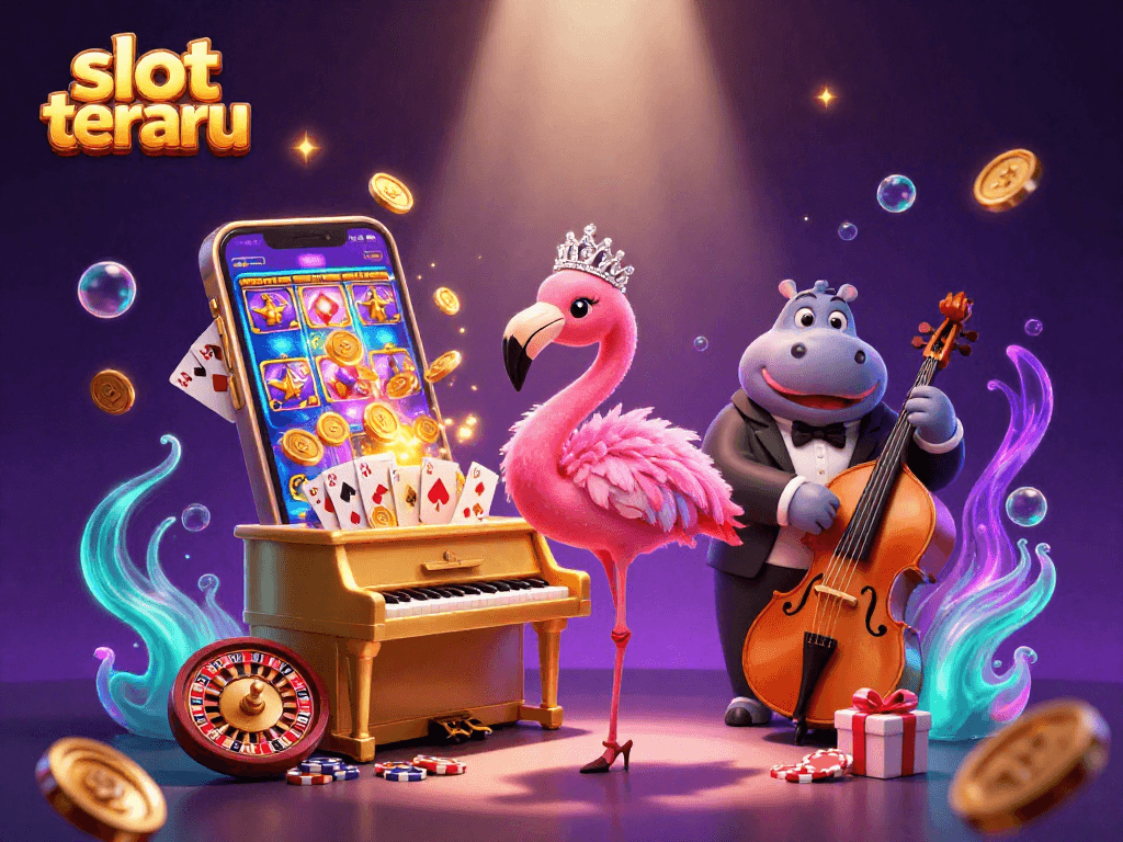 Experience the excitement of slot terbaru with colorful casino elements and characters in an engaging 3D illustration.