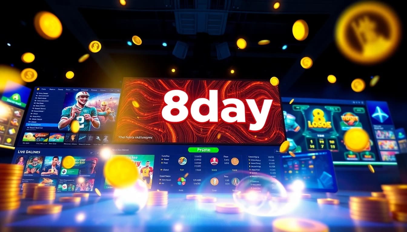 8day online gaming platform interface showcasing exciting games and vibrant design elements.
