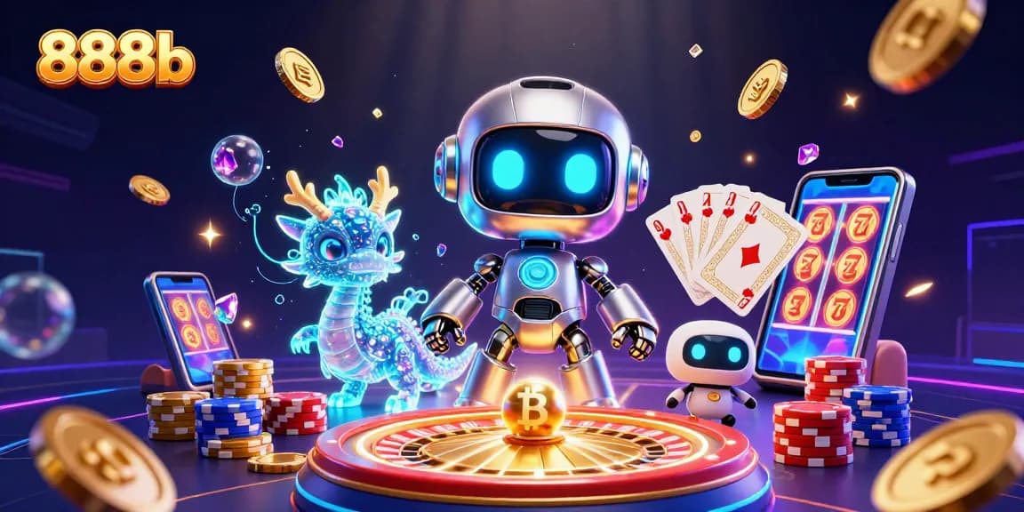 Experience thrilling gameplay at 888b with immersive 3D casino elements surrounding a futuristic robot and AI companions.