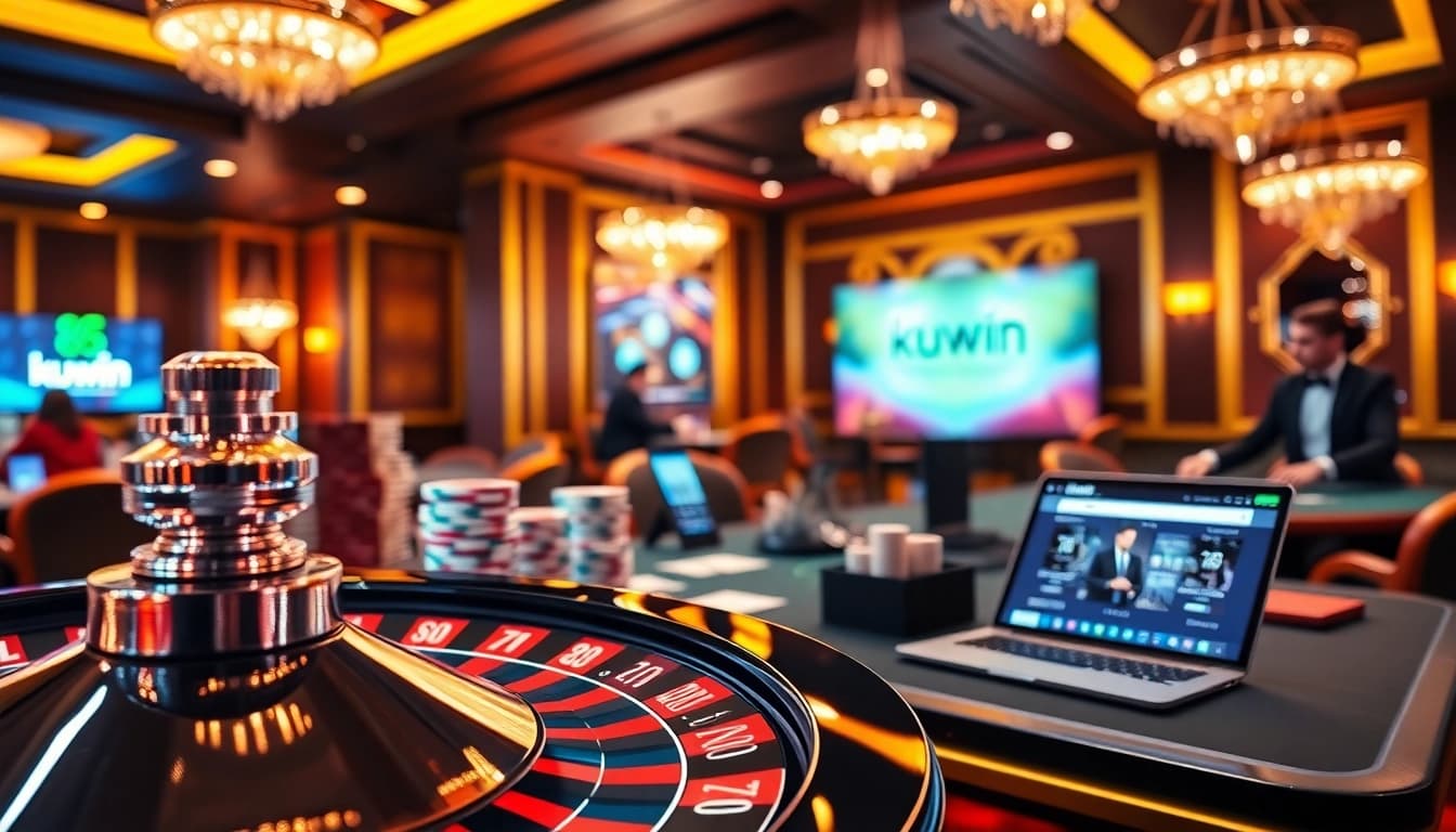 Experience the excitement of kuwin at a luxurious casino with poker tables, roulette, and vibrant gaming atmosphere.