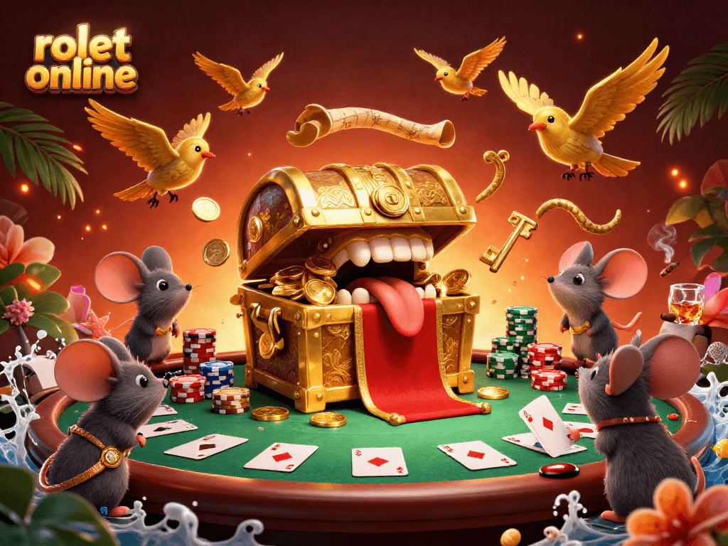 Engage with rolet online in a vibrant 3D casino scene featuring a treasure chest and poker elements.