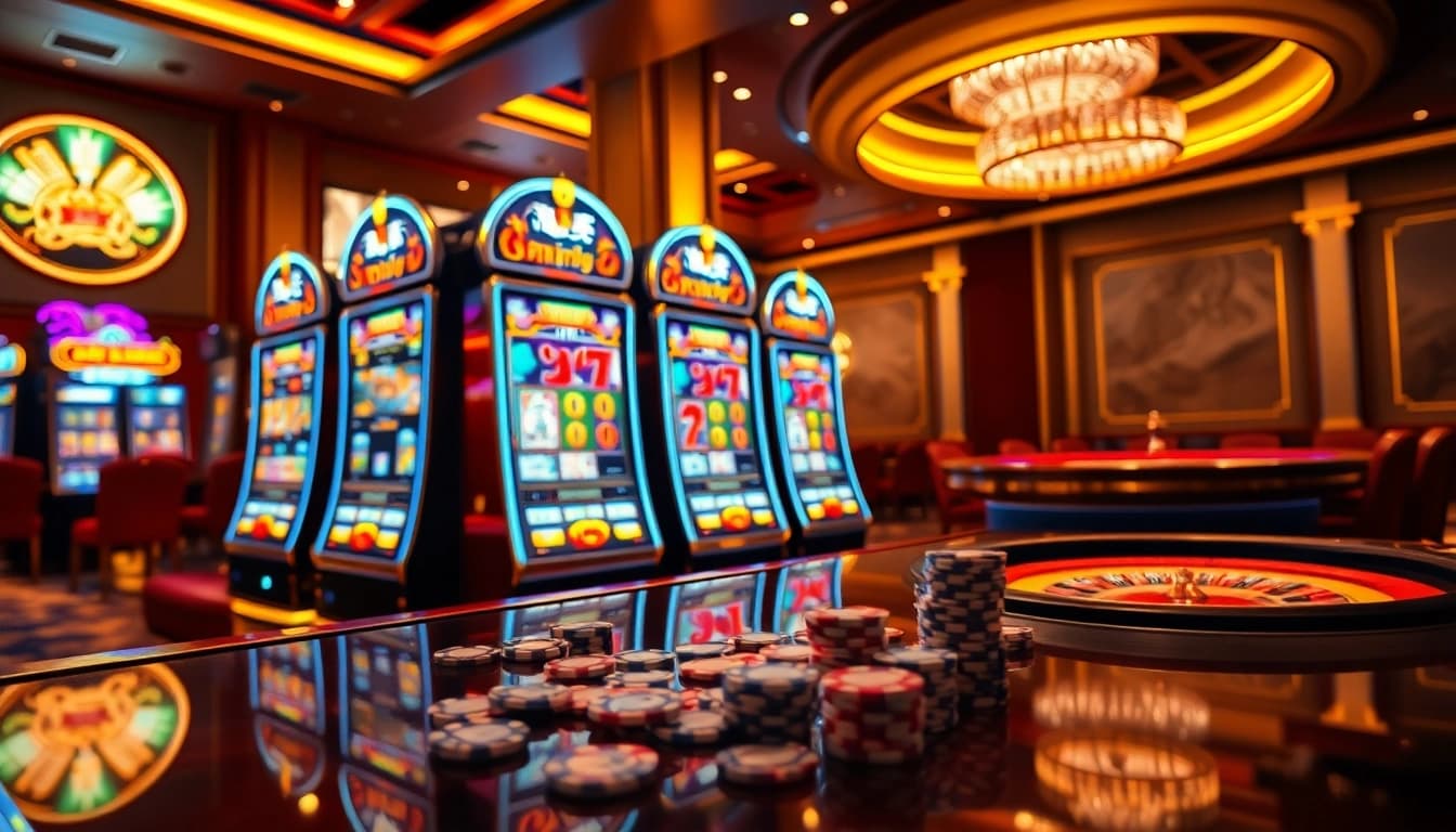 Nổ hũ slot machines with vibrant colors and elegant design, showcasing an exciting casino atmosphere.