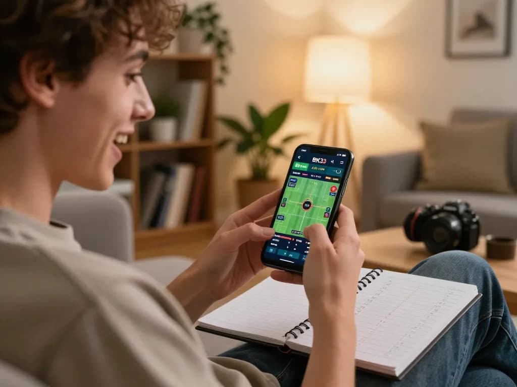 Engaging in sports betting on a smartphone with BK33, emphasizing strategic planning in a cozy home.