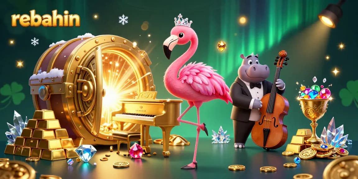 Experience the thrill of rebahin with a vibrant casino scene filled with glamorous characters and gold treasures.