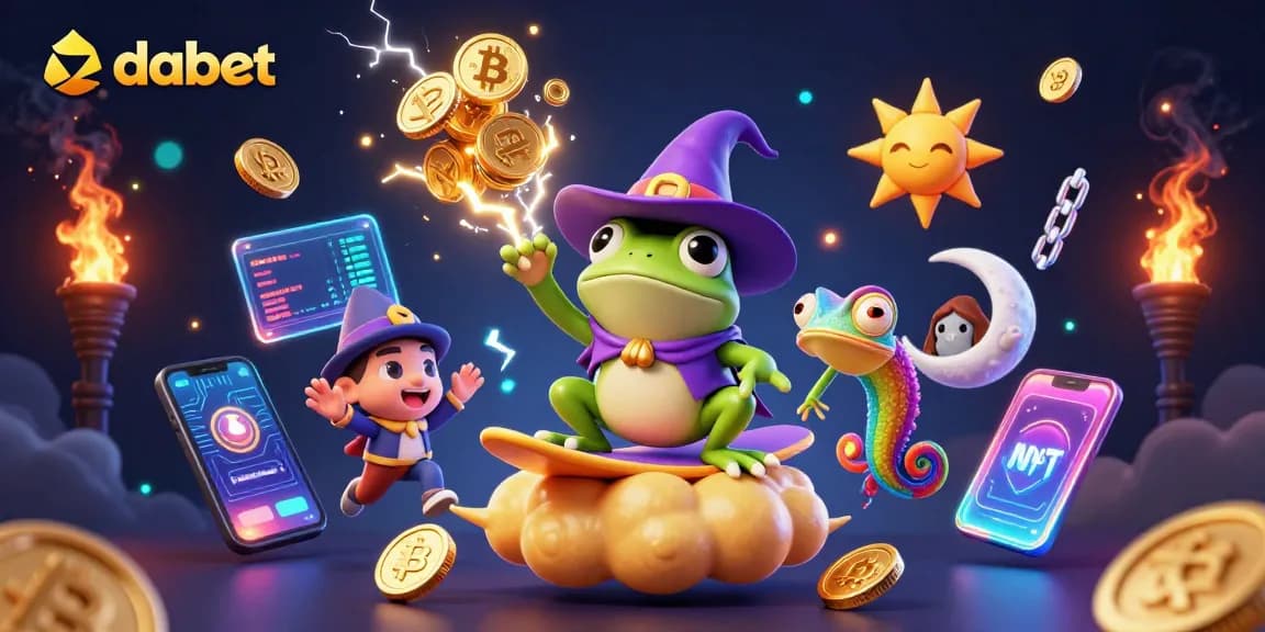 Experience dabet's magical casino adventure with golden coins and cryptocurrency elements in a vibrant scene.