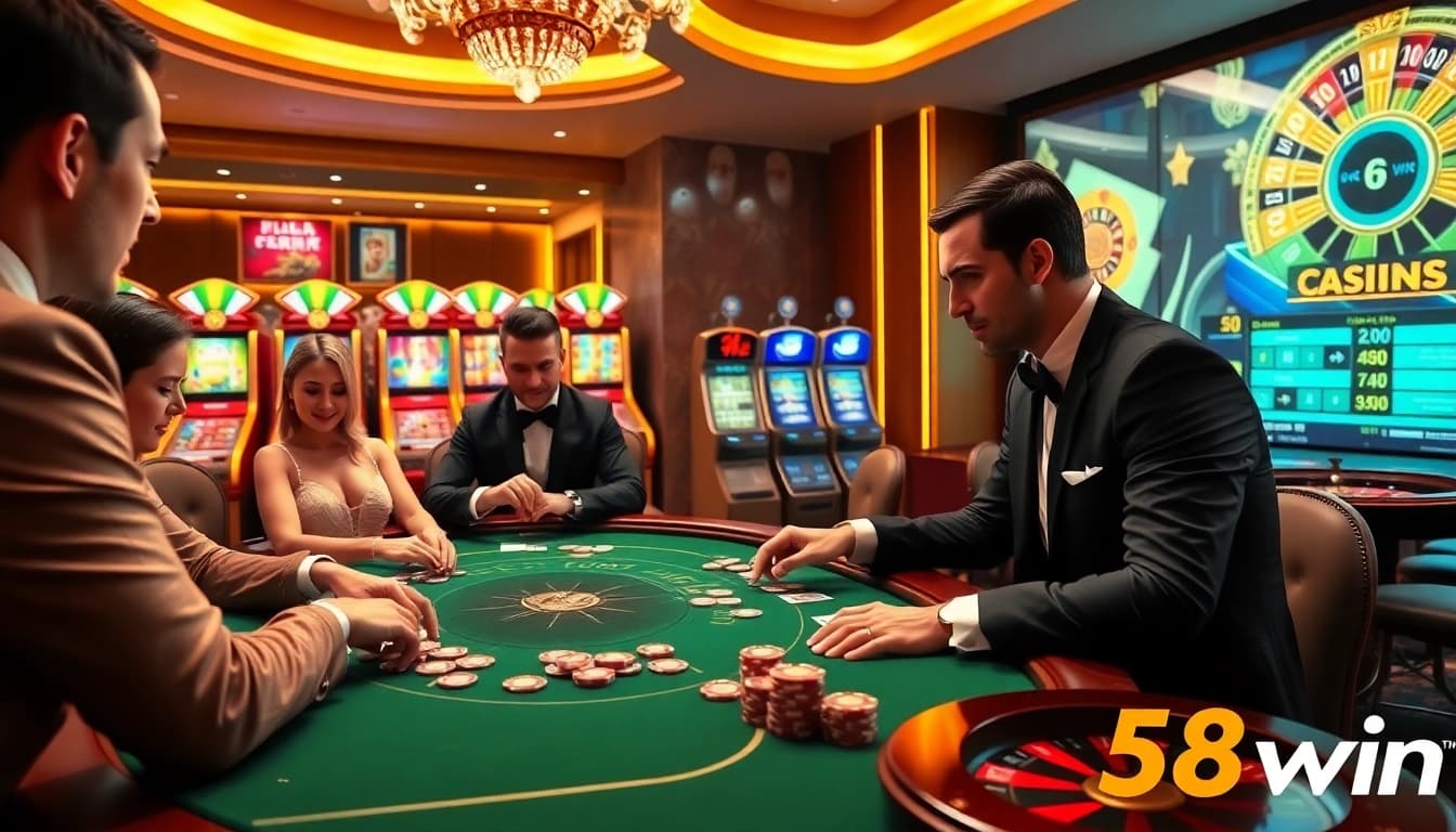 Engaging poker game at 58win with vibrant casino elements and luxurious atmosphere