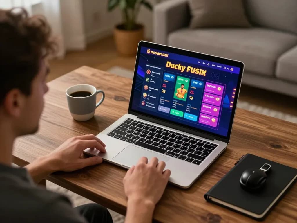 DuckyLuck casino reviews showcased through an engaging online gaming scene with a cozy home setup, highlighting responsible gambling strategies.
