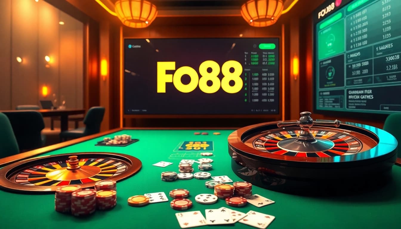 Engage in thrilling gameplay at FO88 with vibrant casino visuals featuring poker chips and a roulette wheel.
