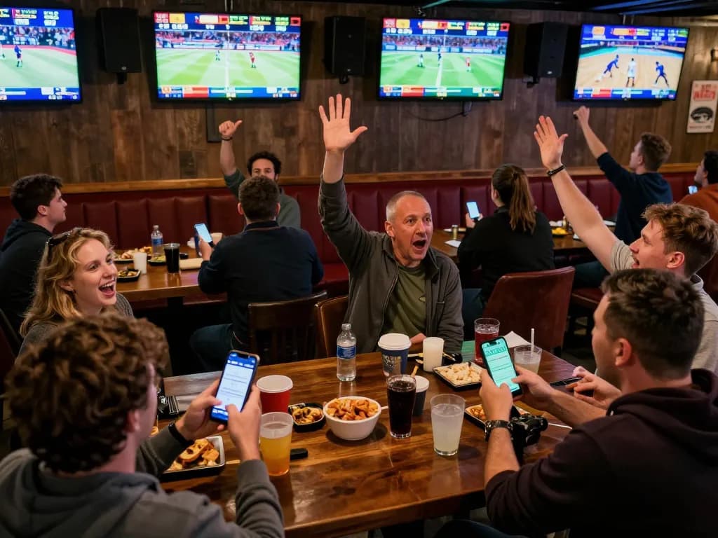 Bet on sports with jun88 in an energetic bar atmosphere, showing fans placing mobile bets during live games