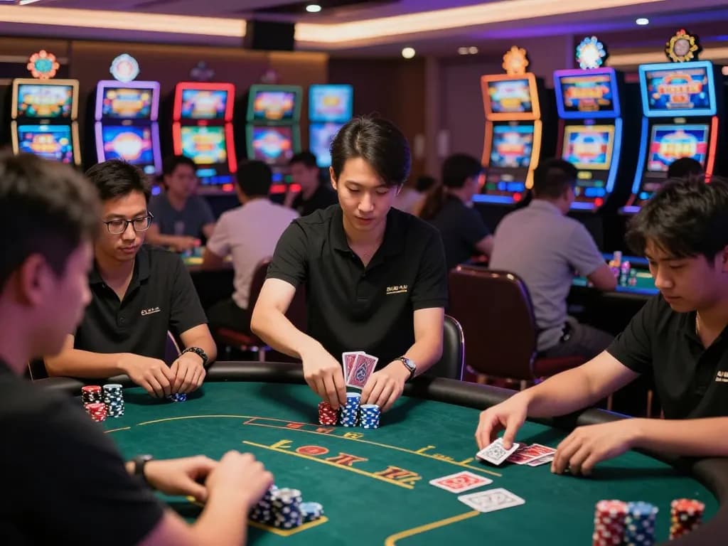 Players engaging in intense poker action at GO88 casino, showcasing vibrant gaming atmosphere and strategy.