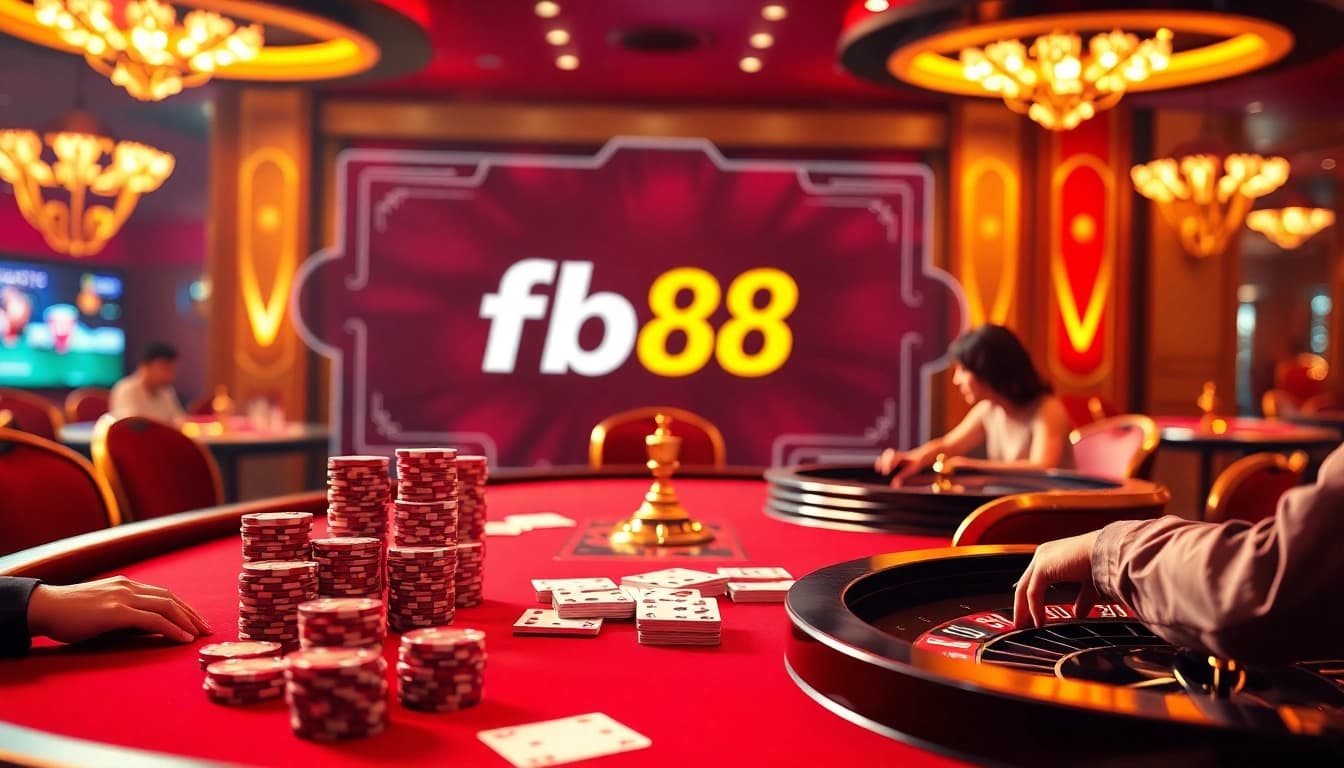 Engage in high-stakes poker at fb88, featuring vibrant colors and professional casino elements.