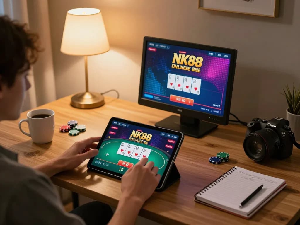Engaging NK88 online casino gameplay on a tablet, featuring cards and strategy notes in a cozy setup.
