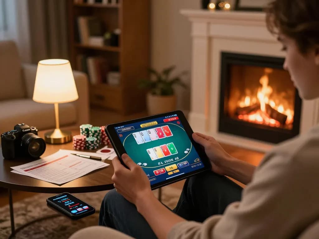 Engaging scene of a player enjoying online poker at home, focusing on 5679 betting strategies and responsible gaming.
