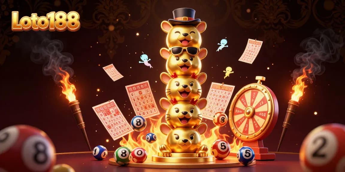 Loto188 unleashes excitement with a vibrant 3D illustration of a golden totem and dynamic lottery elements.