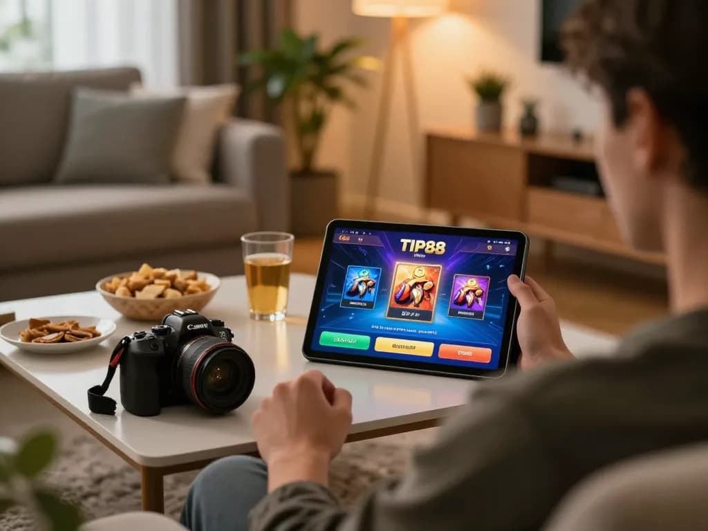 Player engaging with TIP88's online casino app in cozy home setting, capturing strategic gaming moment