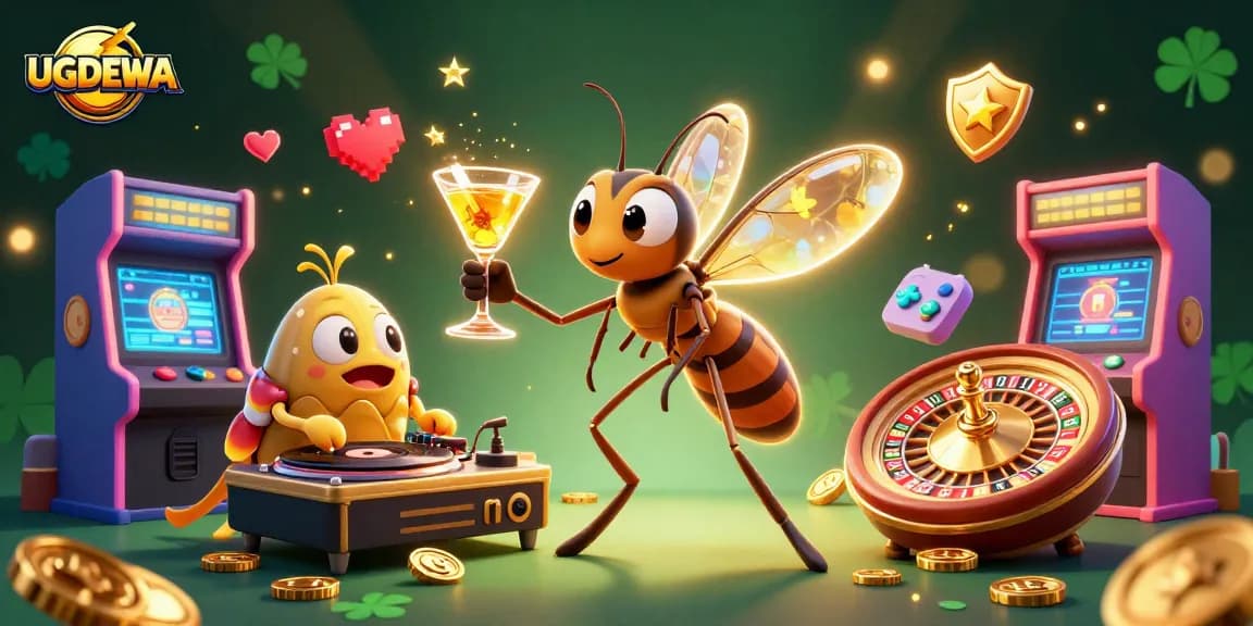 Spin to win with UGDEWA's vibrant casino scene, featuring dynamic characters and game elements.