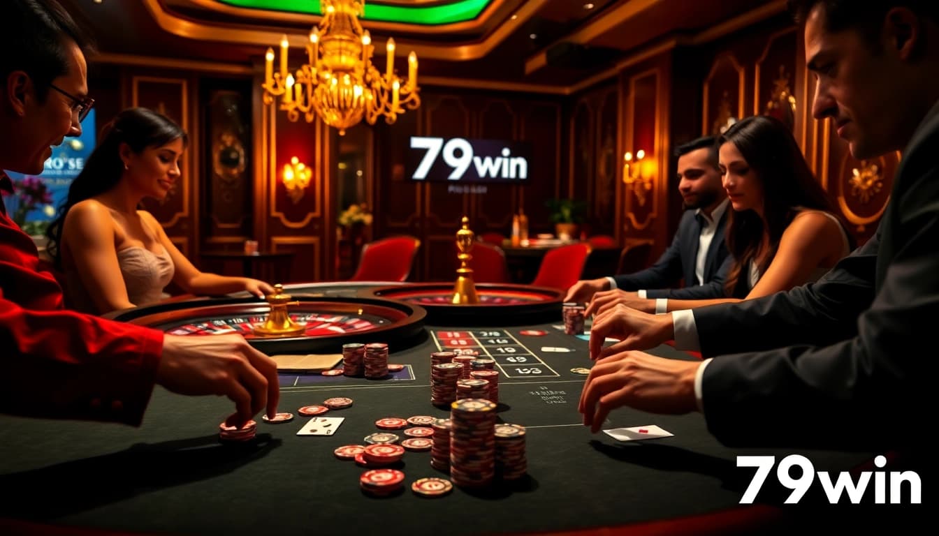 Engaged players enjoy a thrilling moment at the casino table of 79win, showcasing excitement and strategic betting.