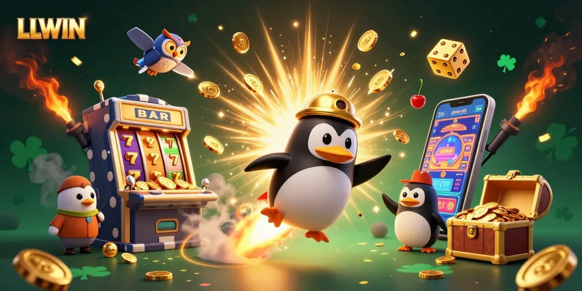 Engage with LLWIN's vibrant gaming universe, featuring a golden penguin and dynamic casino elements.