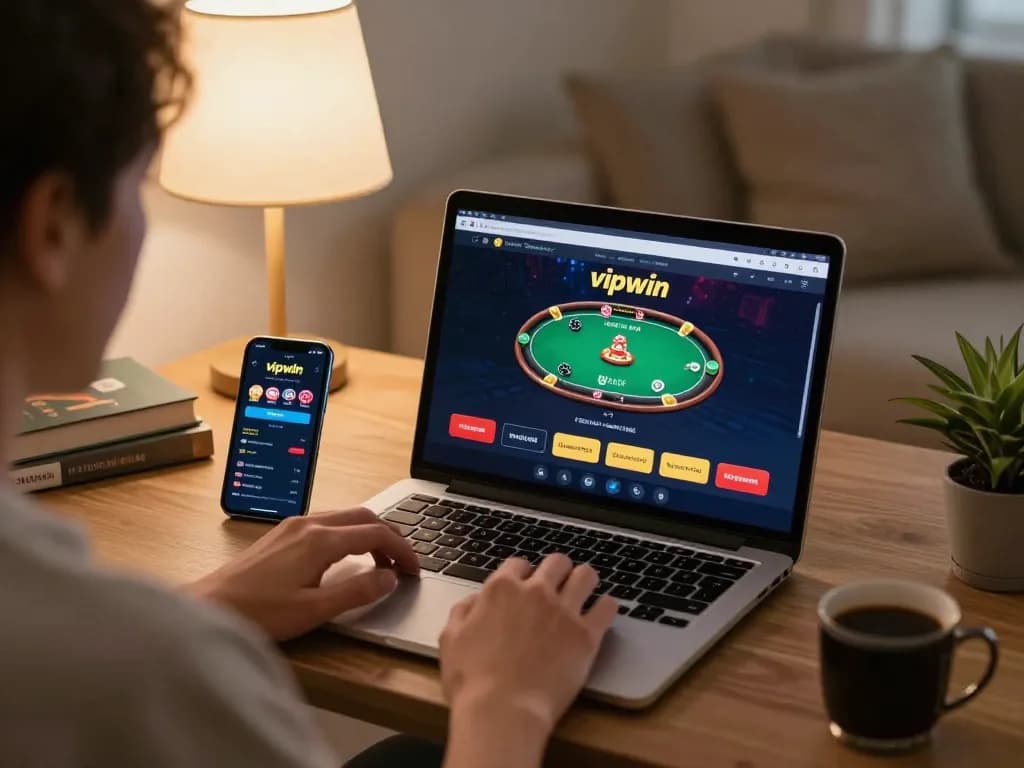 Engaging online poker gameplay experience at vipwin in a cozy home setting with laptop and smartphone.