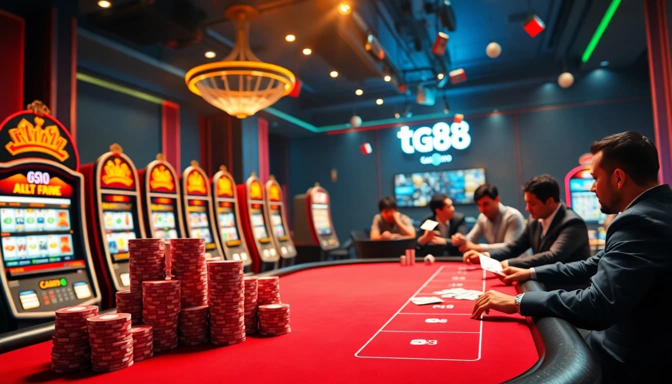 Players experiencing the excitement of tg88 online casino with vibrant tables and slot machines.