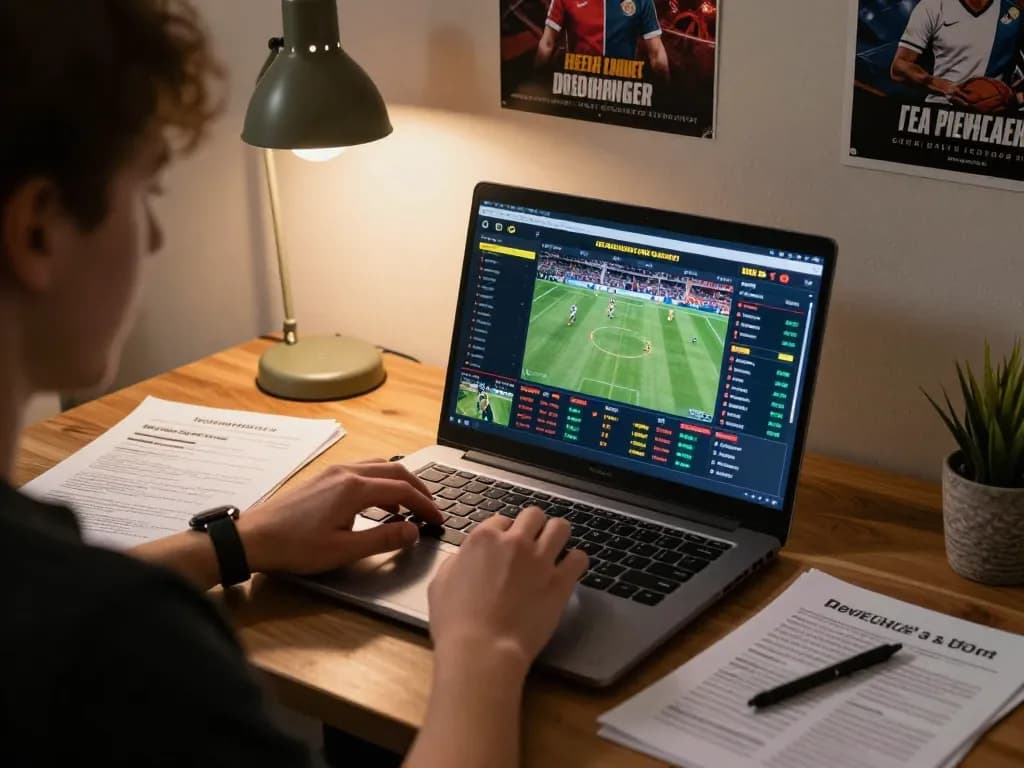 uu88 user engaging in live sports betting on a laptop surrounded by strategic notes and guides.