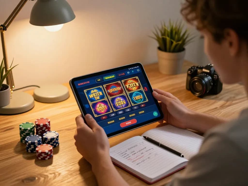 Lovingaze player strategizing with online slots app and chips at home desk, enjoying responsible gaming.