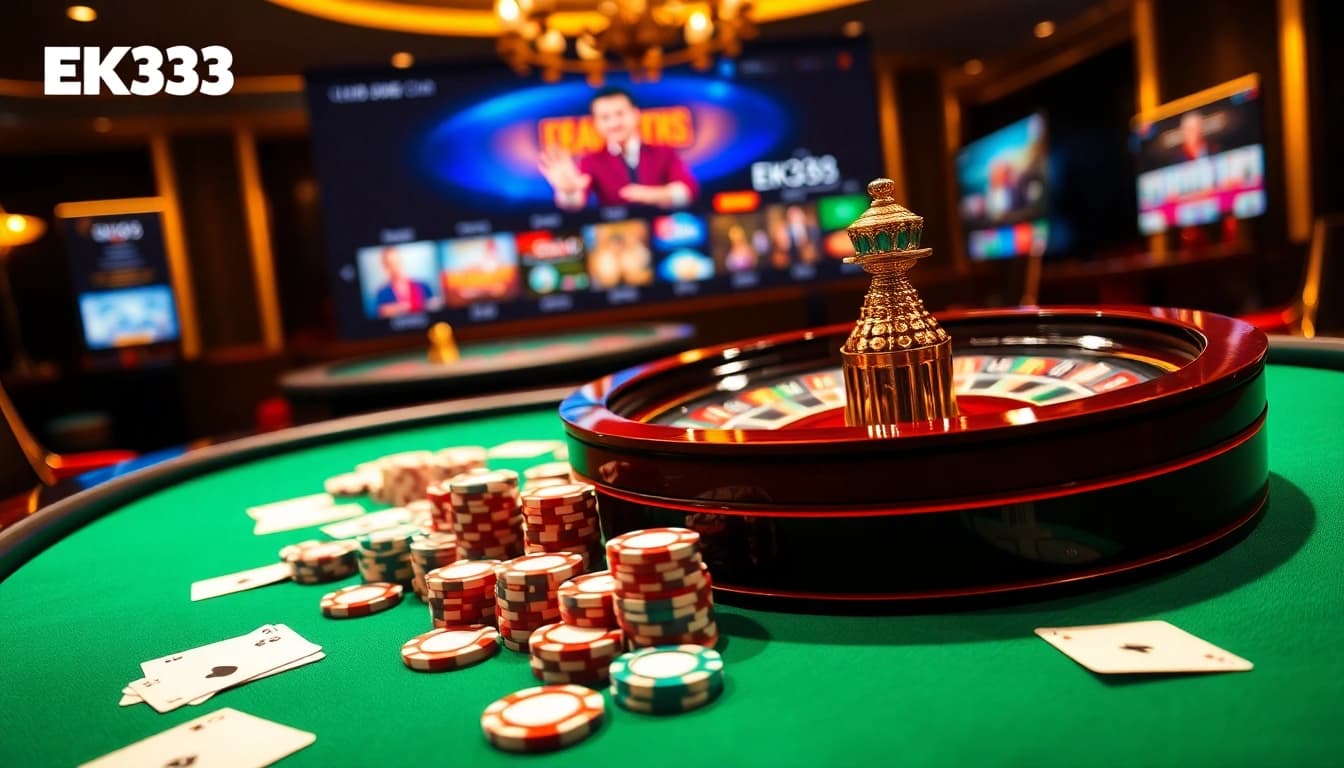 EK333 poker scene with chips, cards, and roulette wheel exuding excitement and luxury.