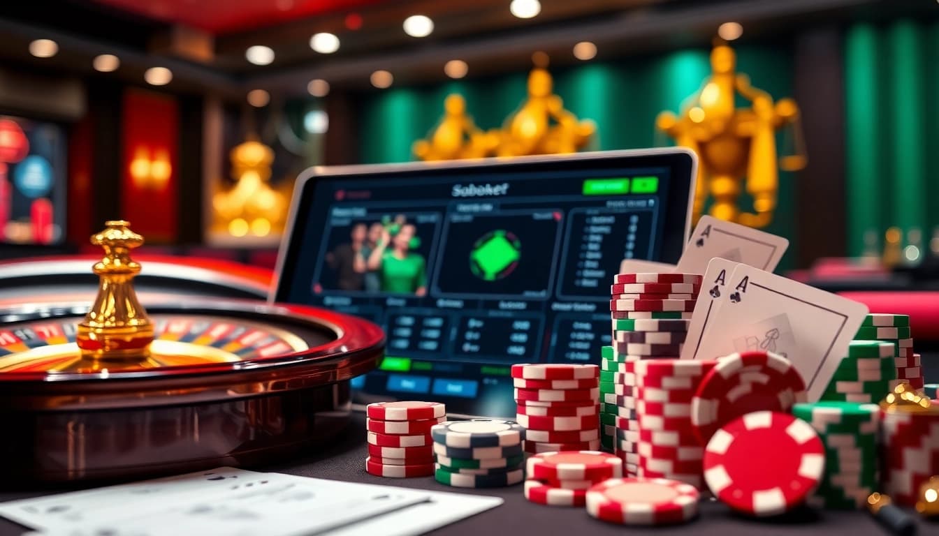 Sbobet link alternatif showing vibrant online betting atmosphere with poker chips and roulette wheel.