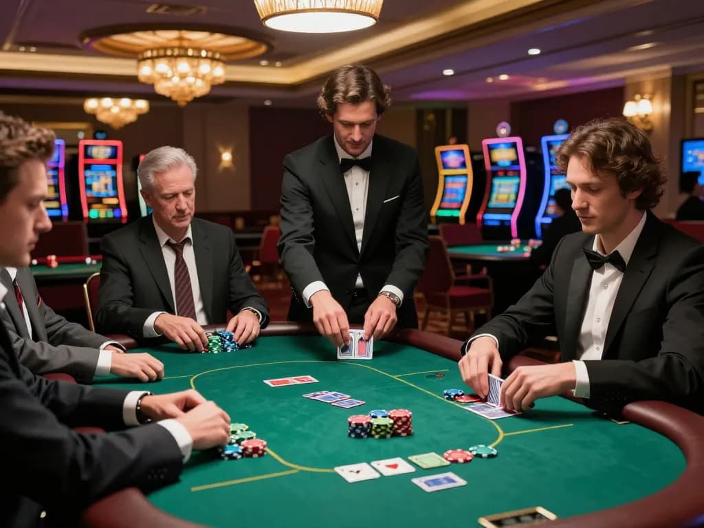 Experience strategic gameplay at VIN88 poker tables in a luxurious casino setting.