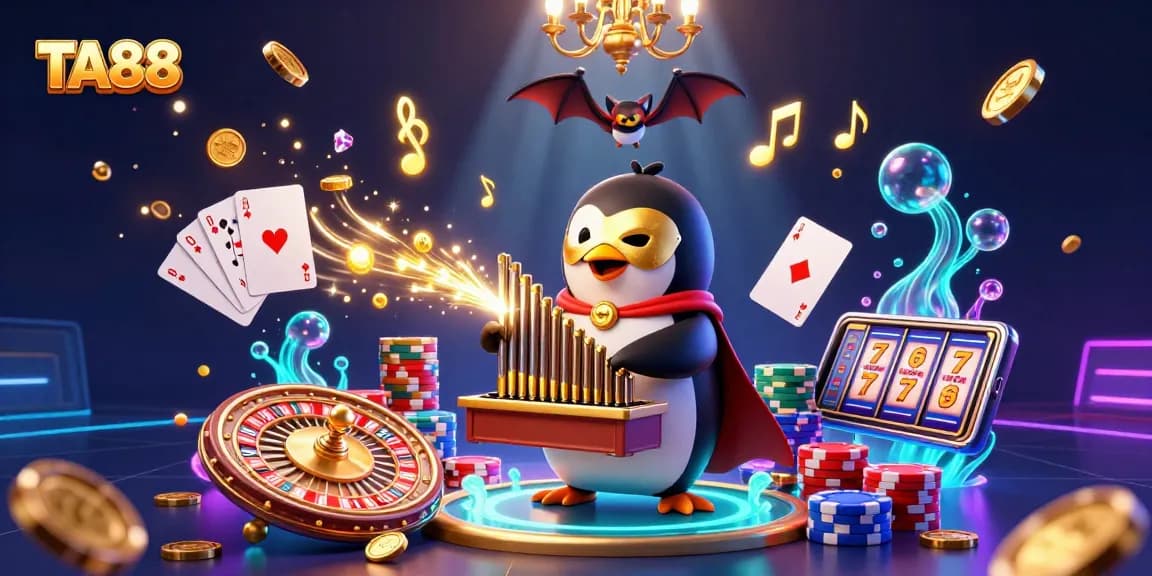 TA88 casino scene featuring a phantom penguin, bat acrobat, and golden coins flying while playing.