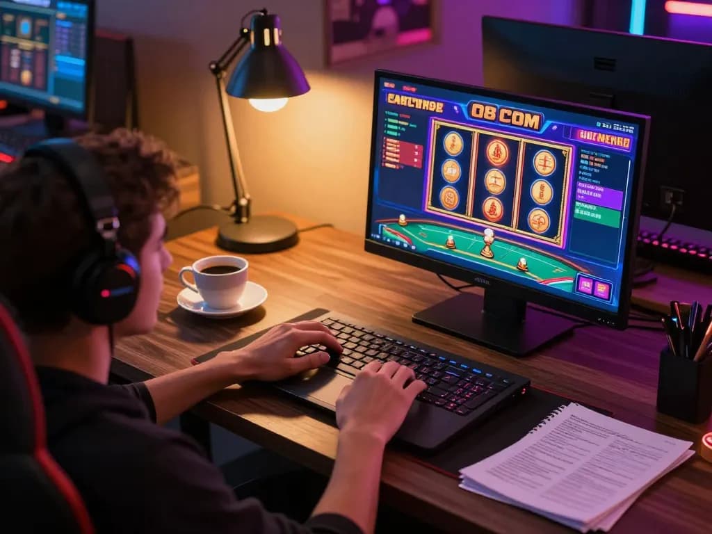 Player enjoying O8 COM online casino with colorful interface during a cozy evening session.