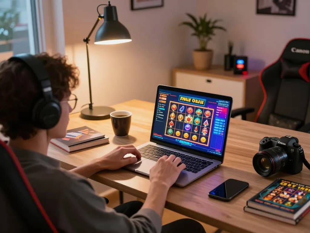Engaging online casino gaming on 32win, showcasing a vibrant home office setup.