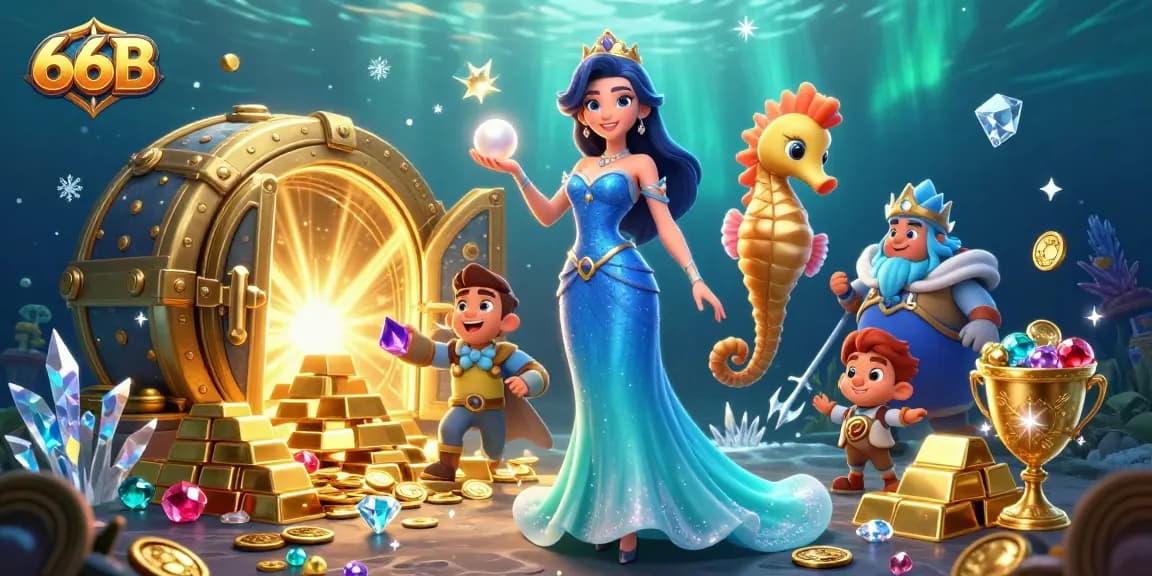 66B offers exciting online casino gameplay with treasures and bright rewards in this captivating illustration.