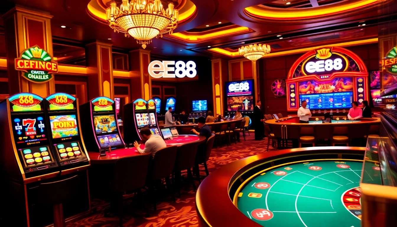EE88 online gambling experience with exciting poker chips and vibrant game tables.