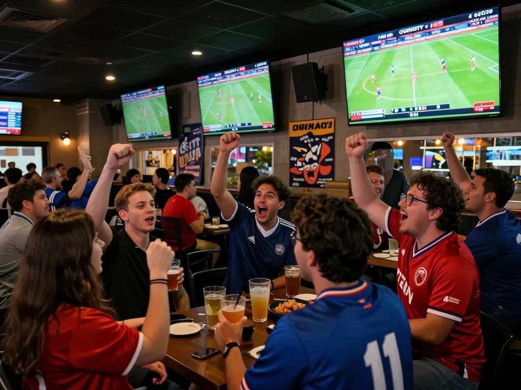 Fans enjoying live football on Okwintv in an energetic sports bar setting