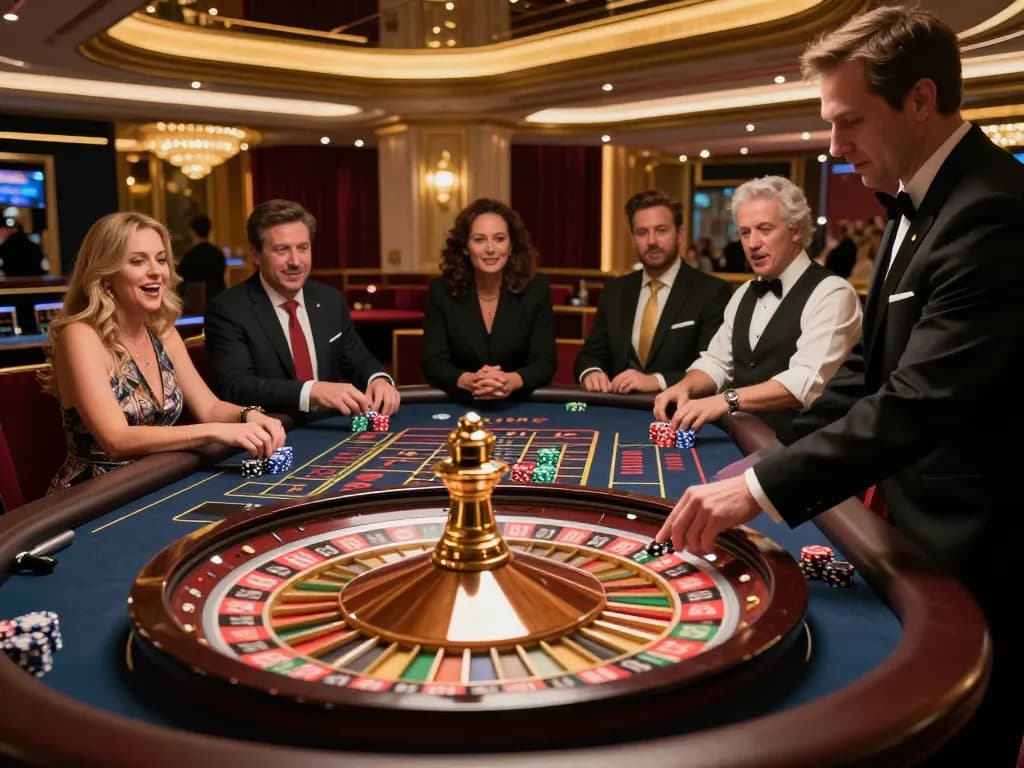 VT88 players strategizing bets at a vibrant casino's roulette table, showcasing excitement and anticipation