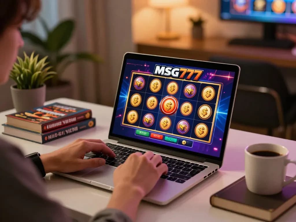 Engaged player enjoying msg777 online slots on a laptop, strategic gaming setup with warm ambiance.