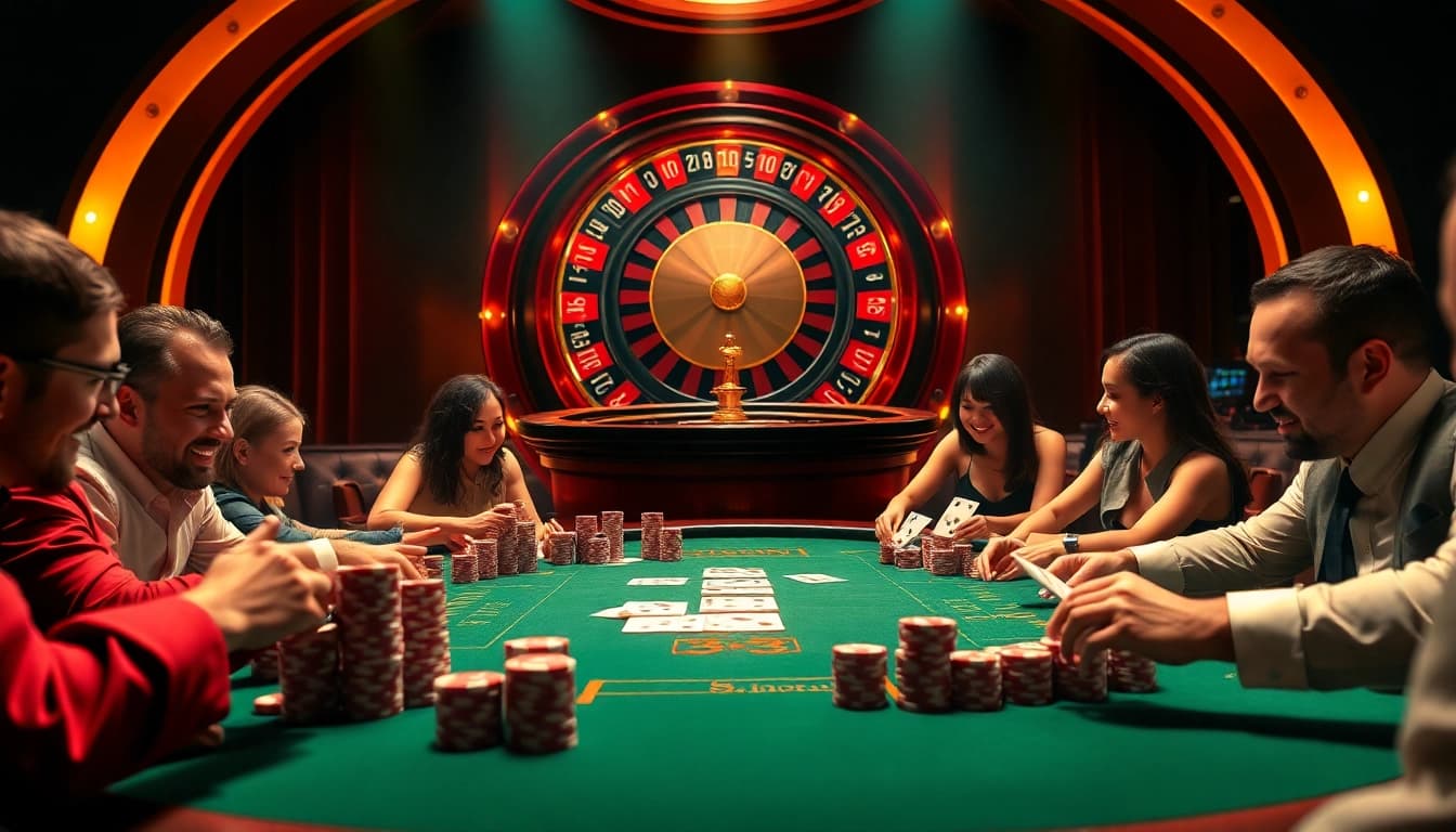 33win players excitedly betting at a luxurious poker table in a vibrant casino setting.