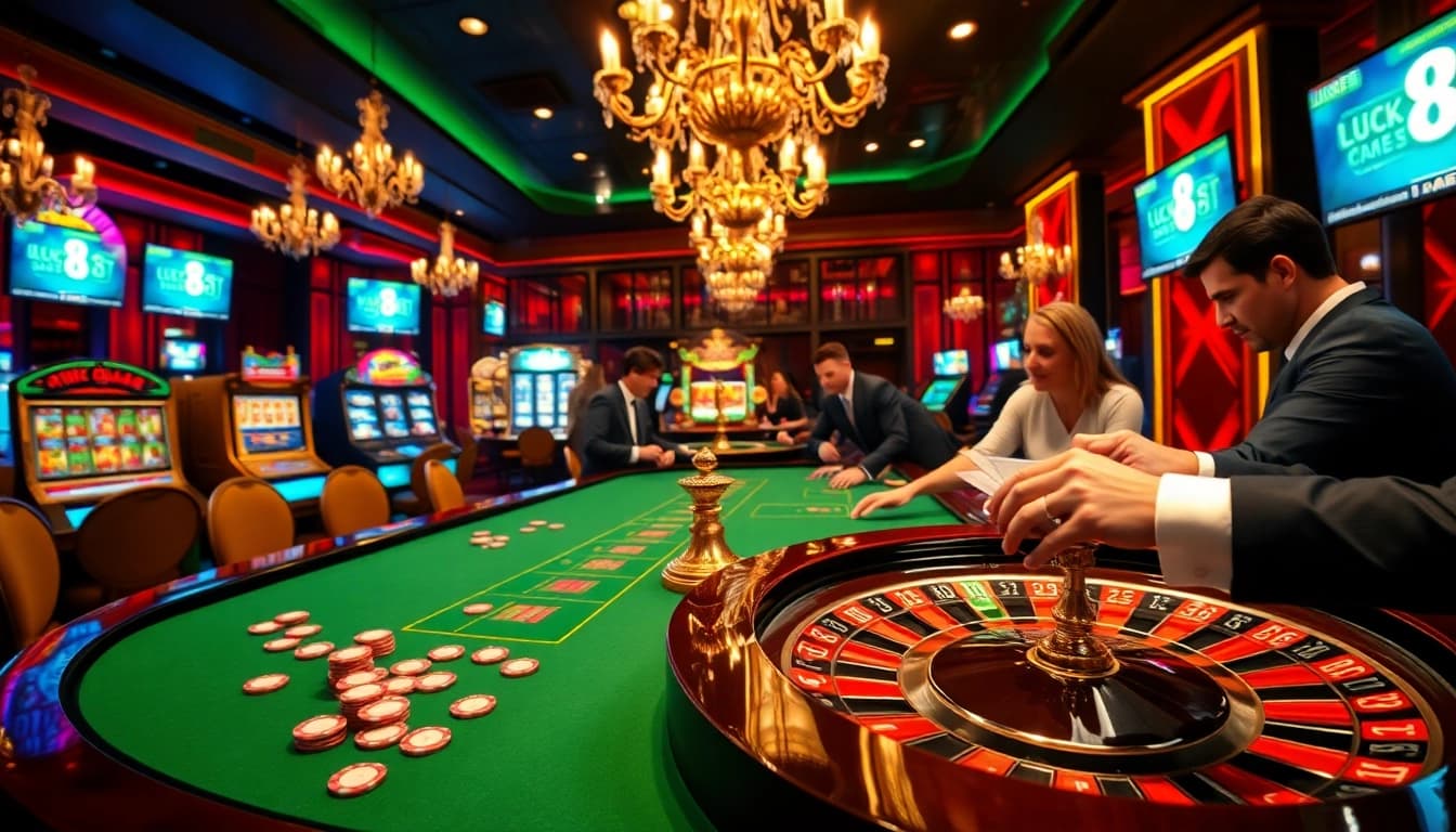Luck8 bettors placing wagers at an exciting roulette table in a luxurious casino.