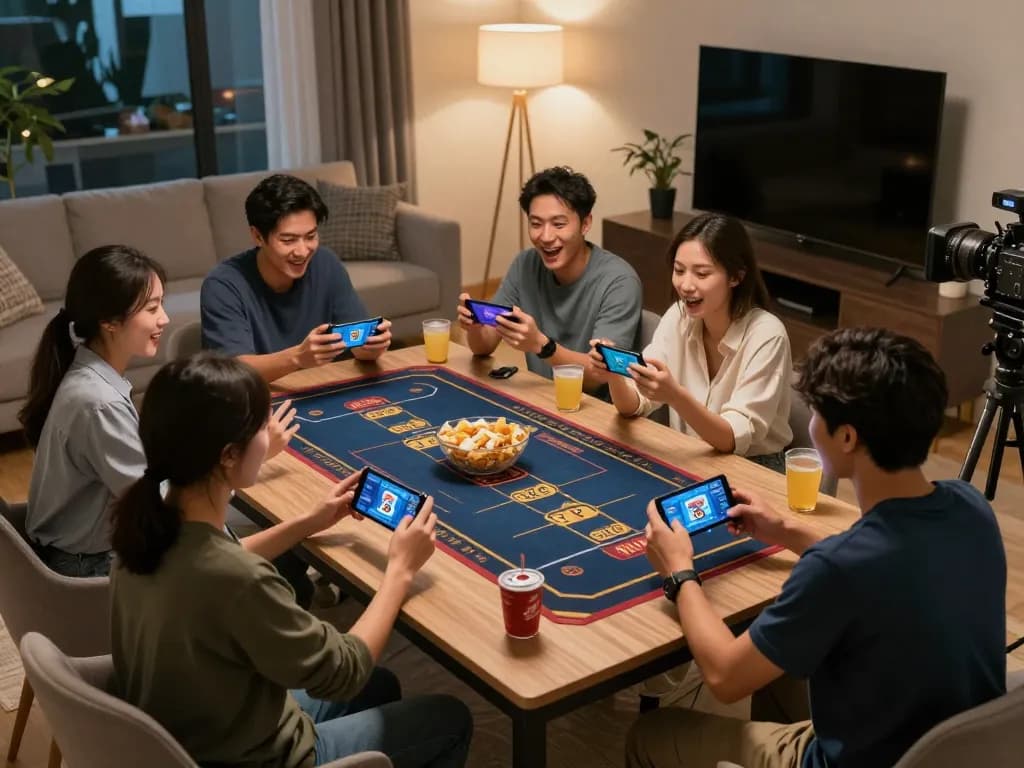 Players enjoying Mega888 mobile gaming with snacks and drinks in a cozy home setting.