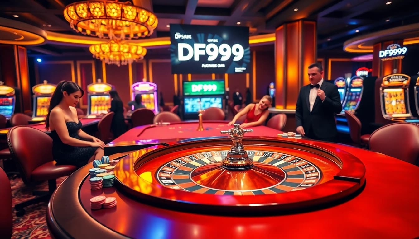 Experience the excitement of DF999 casino gaming with vibrant roulette action and glamorous players.