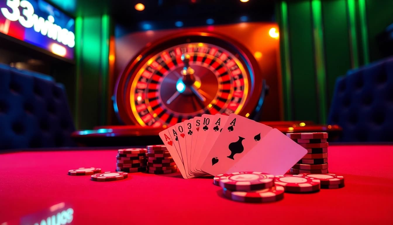 Engaging gamers at the luxurious 33win68 online casino with vibrant poker and roulette ambiance.
