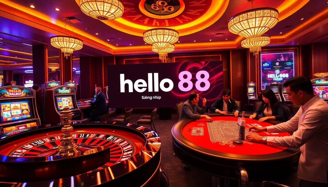 Players enjoying a vibrant casino atmosphere showcasing hello88 đăng nhập with roulette and poker tables.