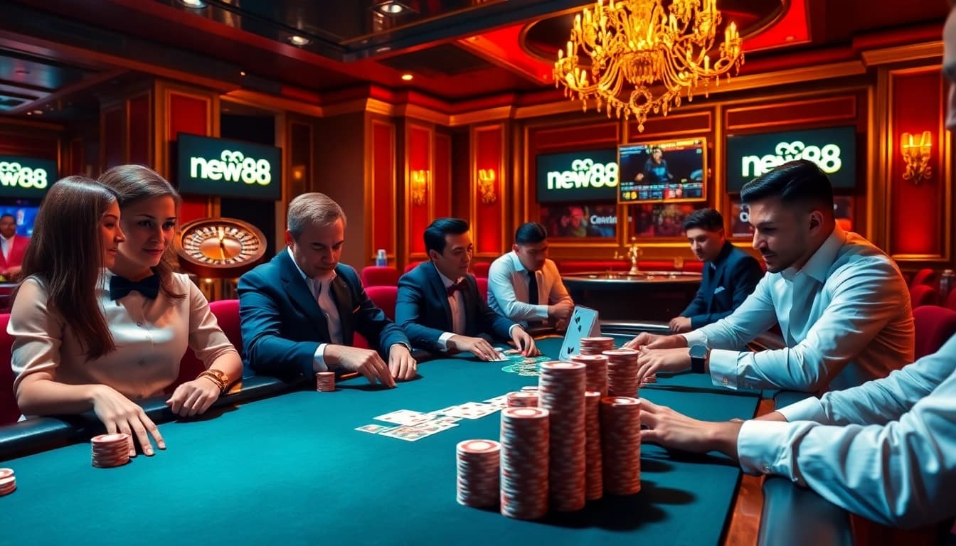 Players enjoying a high-stakes game at the new88 casino with vibrant decorations and poker chips.