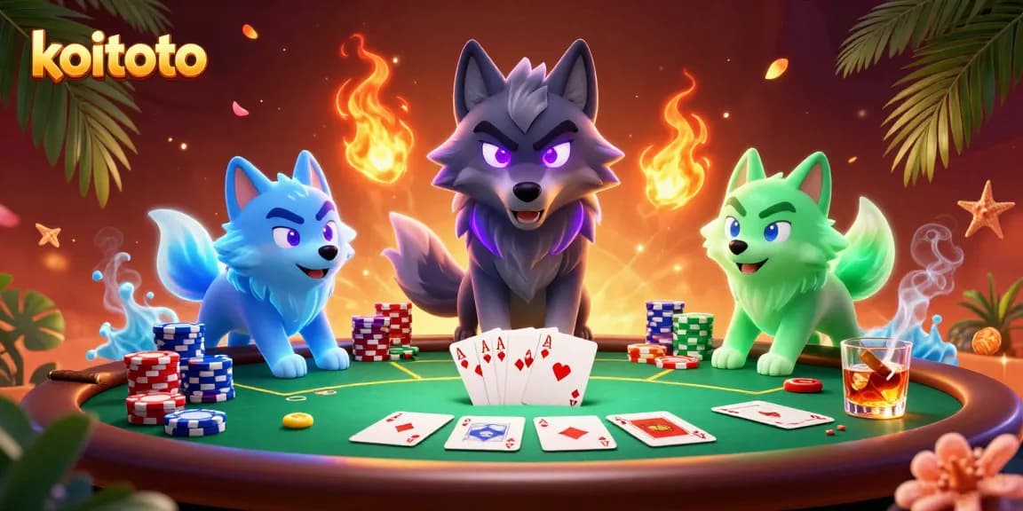 Koitoto engages players in an exciting poker scene with glowing shadow wolves and vibrant chip stacks.