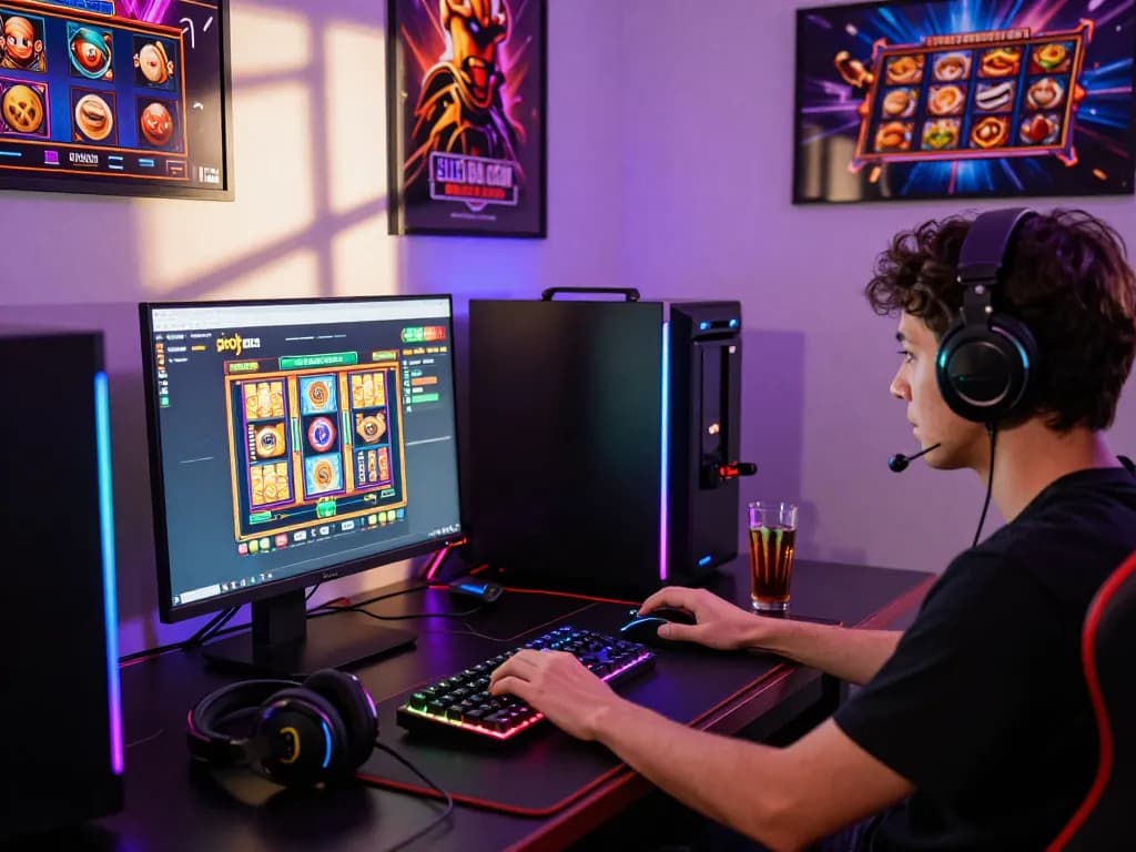 situs slot gacor online gaming scene with a player at a vibrant desk, showcasing gaming gear and dynamic lighting.